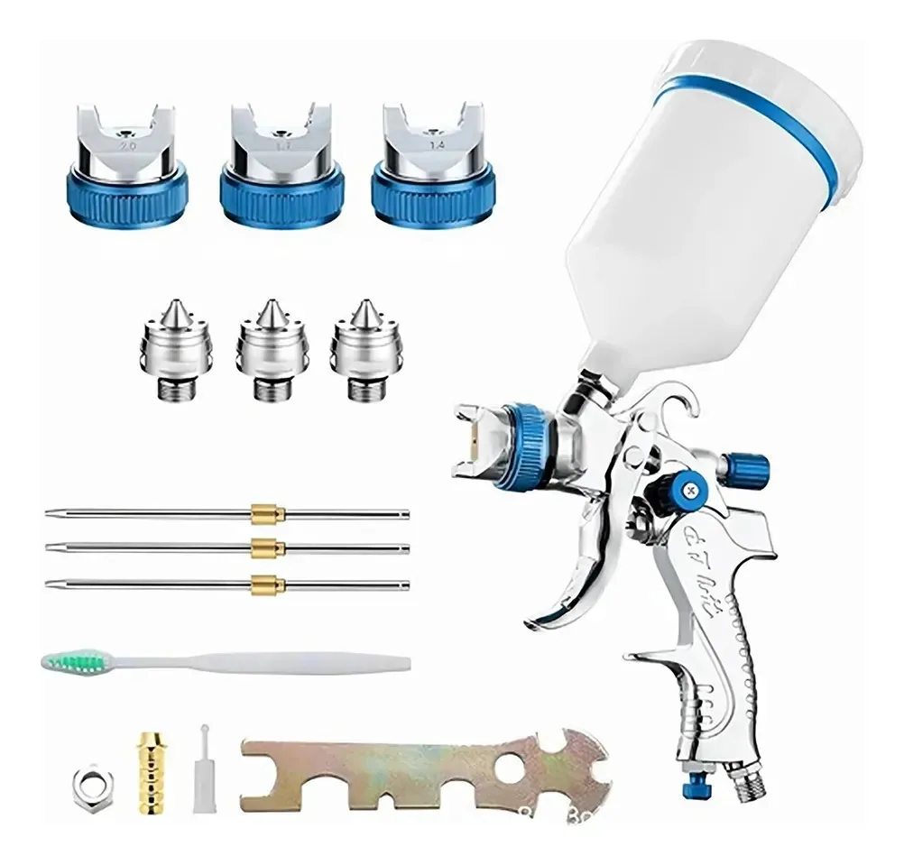 Kit de pistola de pulverização por gravidade HVLP com 3 bicos/pistola de pulverização profissional Hvlp com bico de 1,3, 1,5, 1,8 mm, 20 onças e 600 cc com calibre para pintura automática