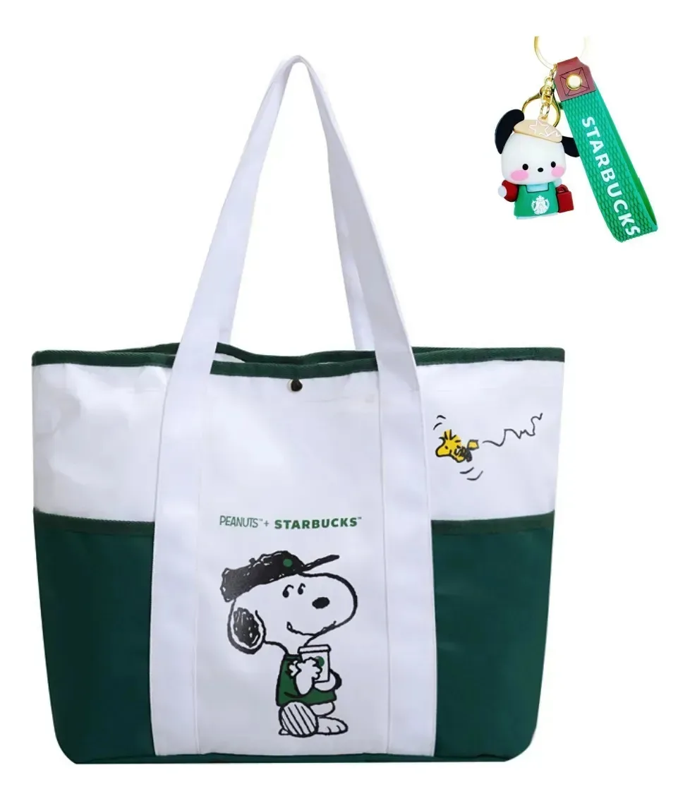 Sacola verde Snoopy Starbucks com botões e bolinhas, bolsa de ombro de desenho animado