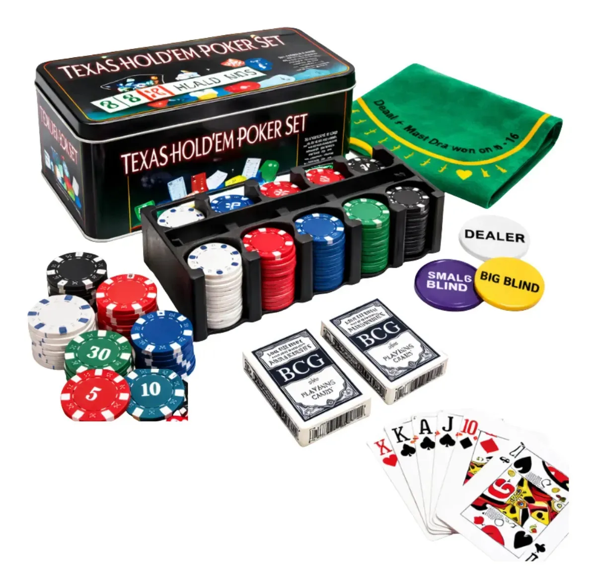 Kit de jogo de pôquer: 200 fichas, 2 baralhos, cartas e 1 tecido com acessórios de estanho de metal de importação ecológica para reuniões e entretenimento