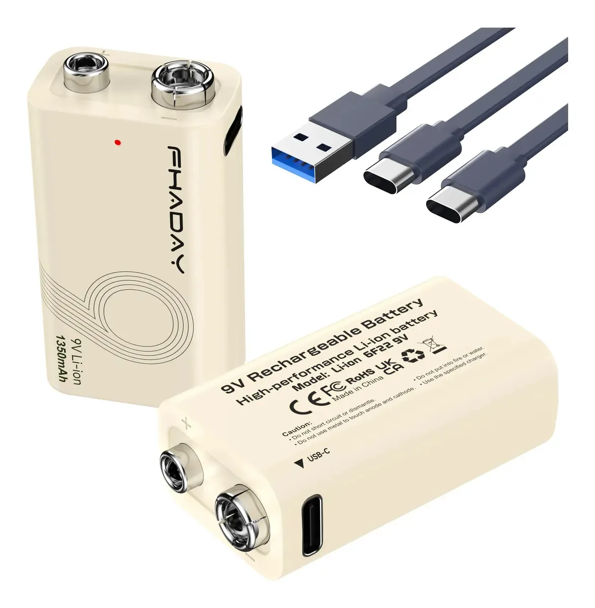 2 carregadores de bateria de lítio de 9 V (1350 mAh), carregamento tipo C, para dispositivos de precisão, como multímetros portáteis, detectores de fumaça e microfones sem fio