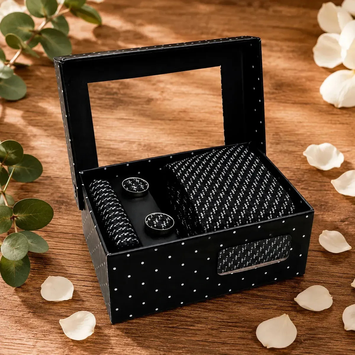 Kit Gravata Slim + Lenço De Bolso E Abotoaduras Preto