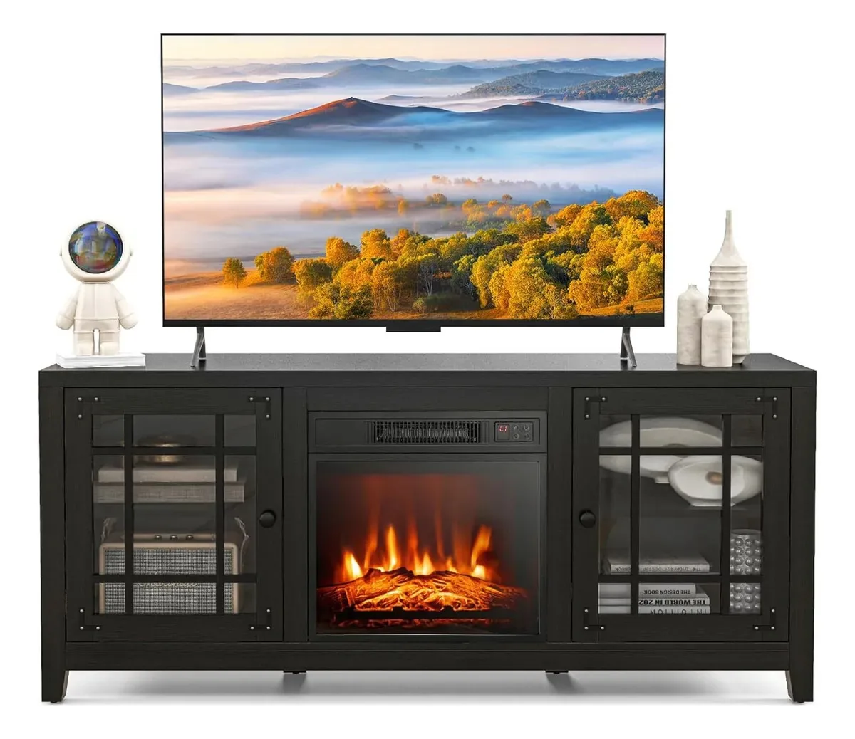 Suporte de TV com lareira elétrica e controle remoto preto 110v