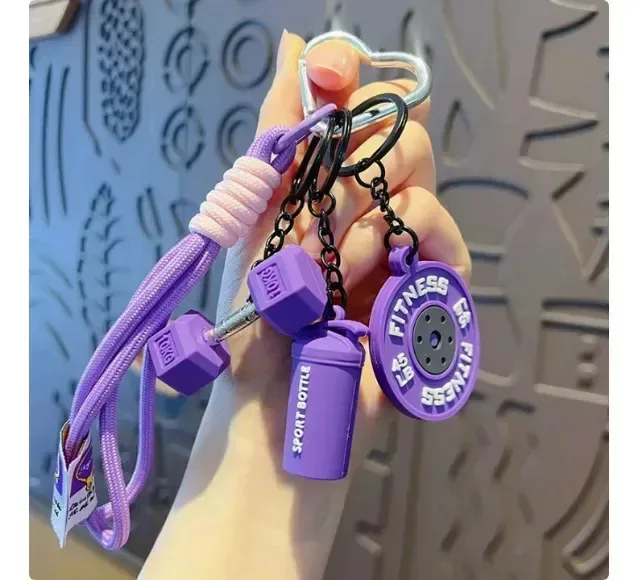 Conjunto de chaveiros de fitness de três peças: mini copo misturador de halteres, chaveiro de fitness rosa (com cordão), presente criativo, acessório para chaves, roxo, zeruvino