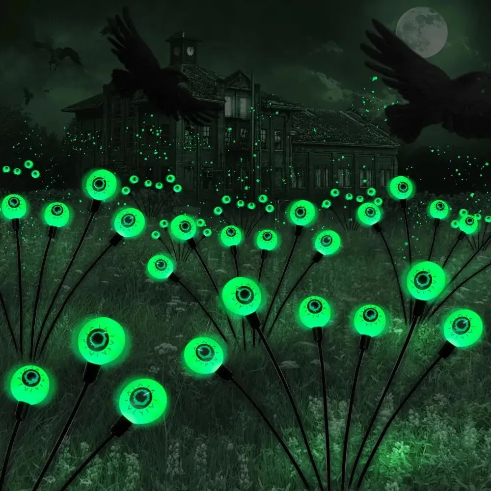 Conjunto de 2 luzes solares de jardim assustadoras para decoração de Halloween ao ar livre, vaga-lumes oscilantes com 12 luzes LED verdes e olhos assustadores, decorações impermeáveis