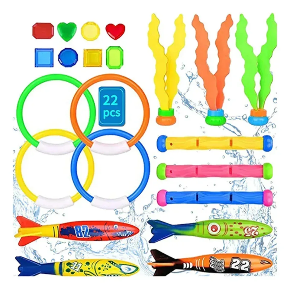 Brinquedos de mergulho, 22 peças de brinquedos de mergulho para piscina com bolsa de armazenamento, incluem anéis de mergulho, torpedo de mergulho, bastões de mergulho, pedras preciosas, polvo e...