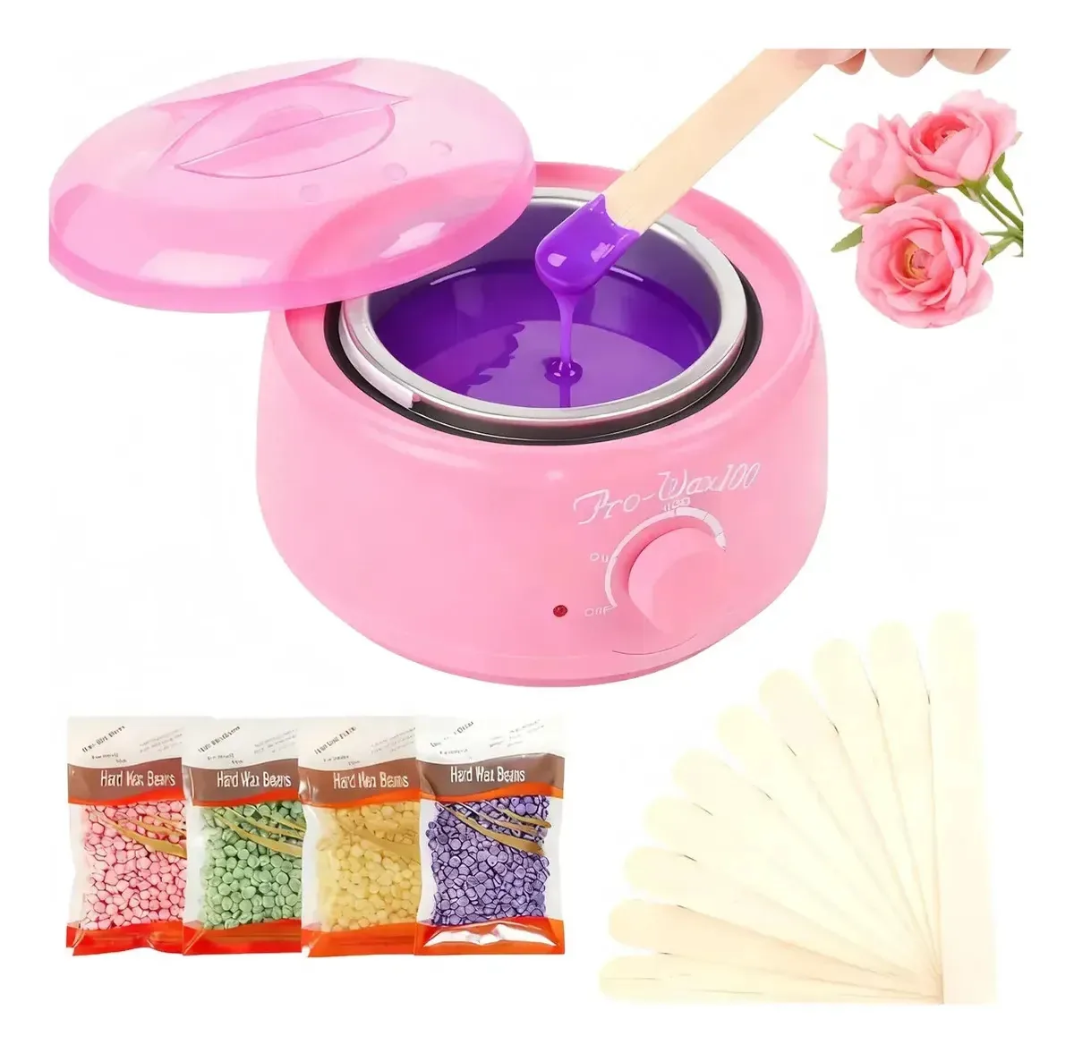 Kit profissional de aquecimento de cera para depilação com derretedor de cera Wax Beans, palitos de madeira para spa, estética, salão de beleza, rosa ZENOIA
