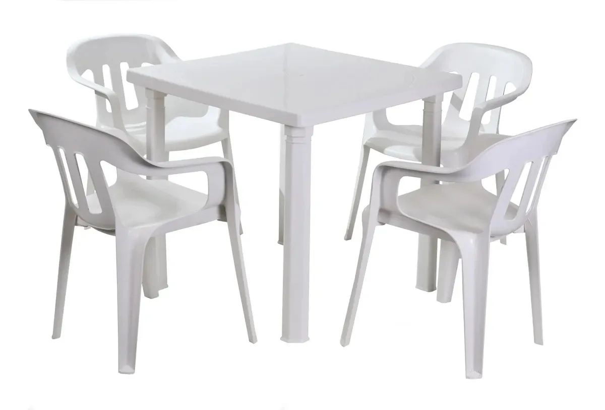 Mesa e cadeiras econômicas reforçadas, restaurante, jardim ao ar livre, branco