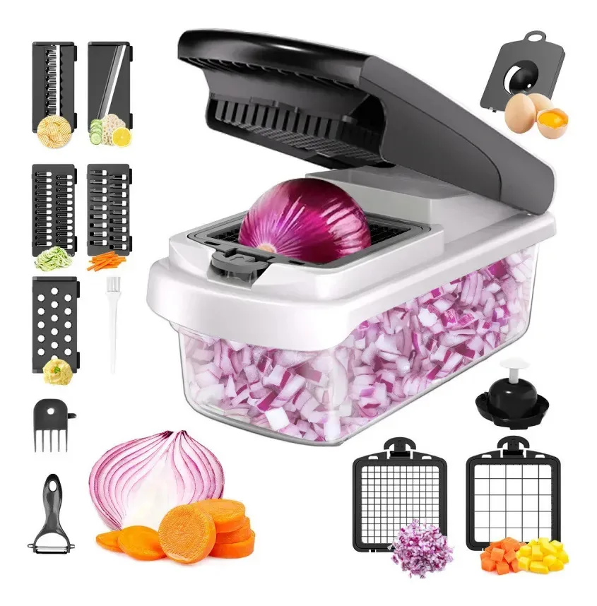 Cortador de vegetais 15 em 1, picador de vegetais multifuncional com 7 lâminas de aço inoxidável, ralador de bandolim, material de qualidade alimentar, para vegetais, frutas, saladas