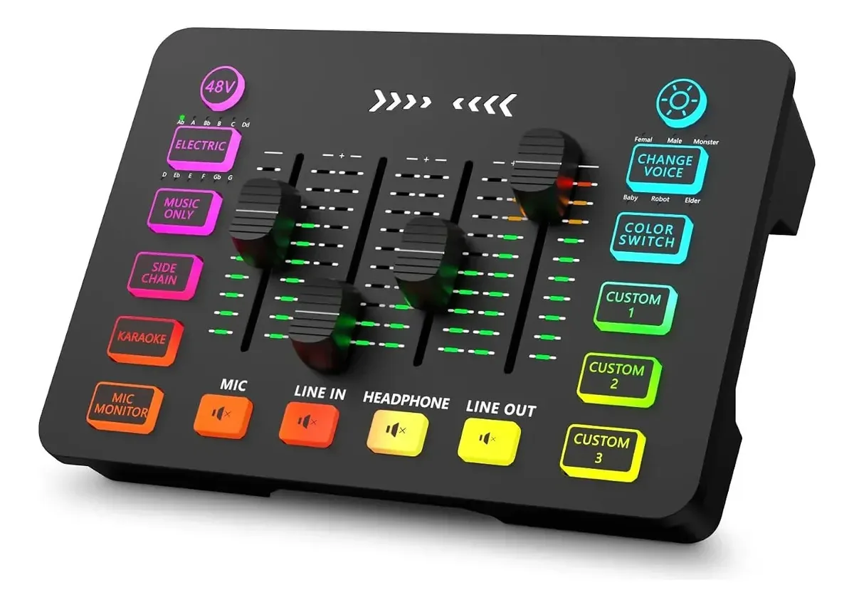 Mixer de áudio RGB com 6 efeitos e microfone XLR