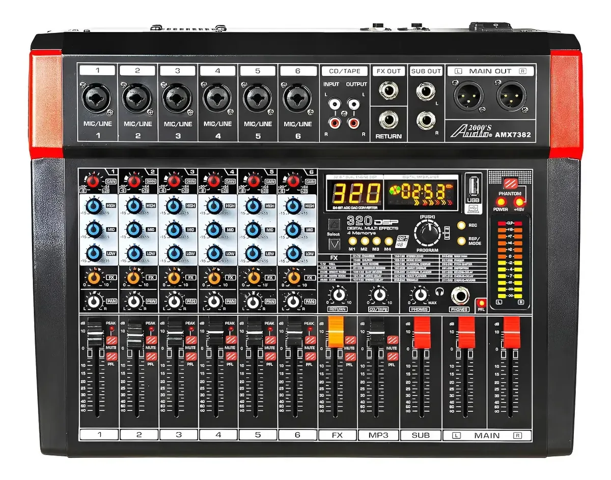 Mixer de áudio de 6 canais com efeitos e USB