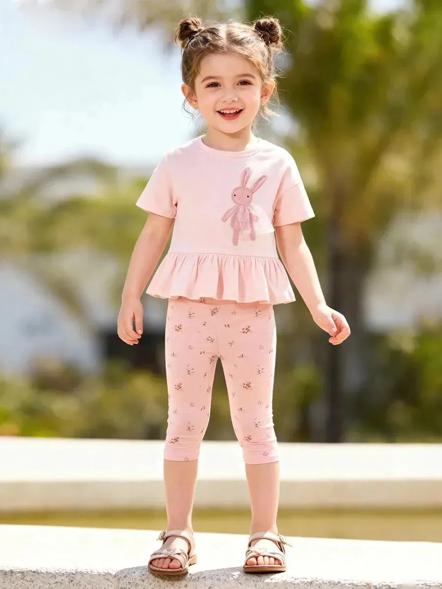 Conjunto feminino de 2 pijamas de manga curta para meninas de 2 a 7 anos, rosa, 4 anos
