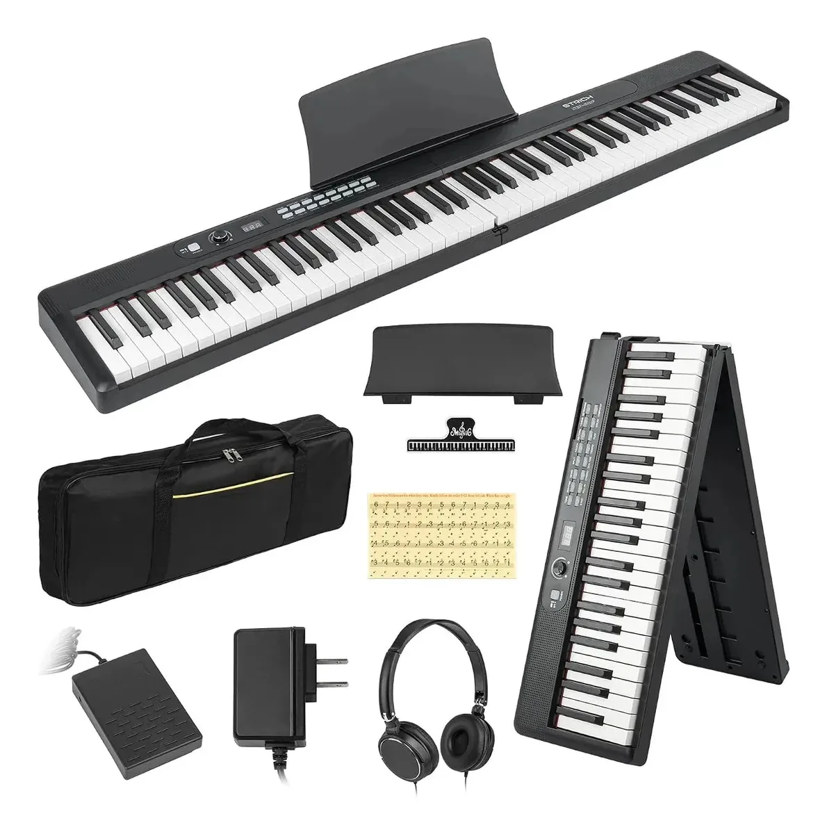 Piano digital dobrável de 88 teclas para iniciantes - preto
