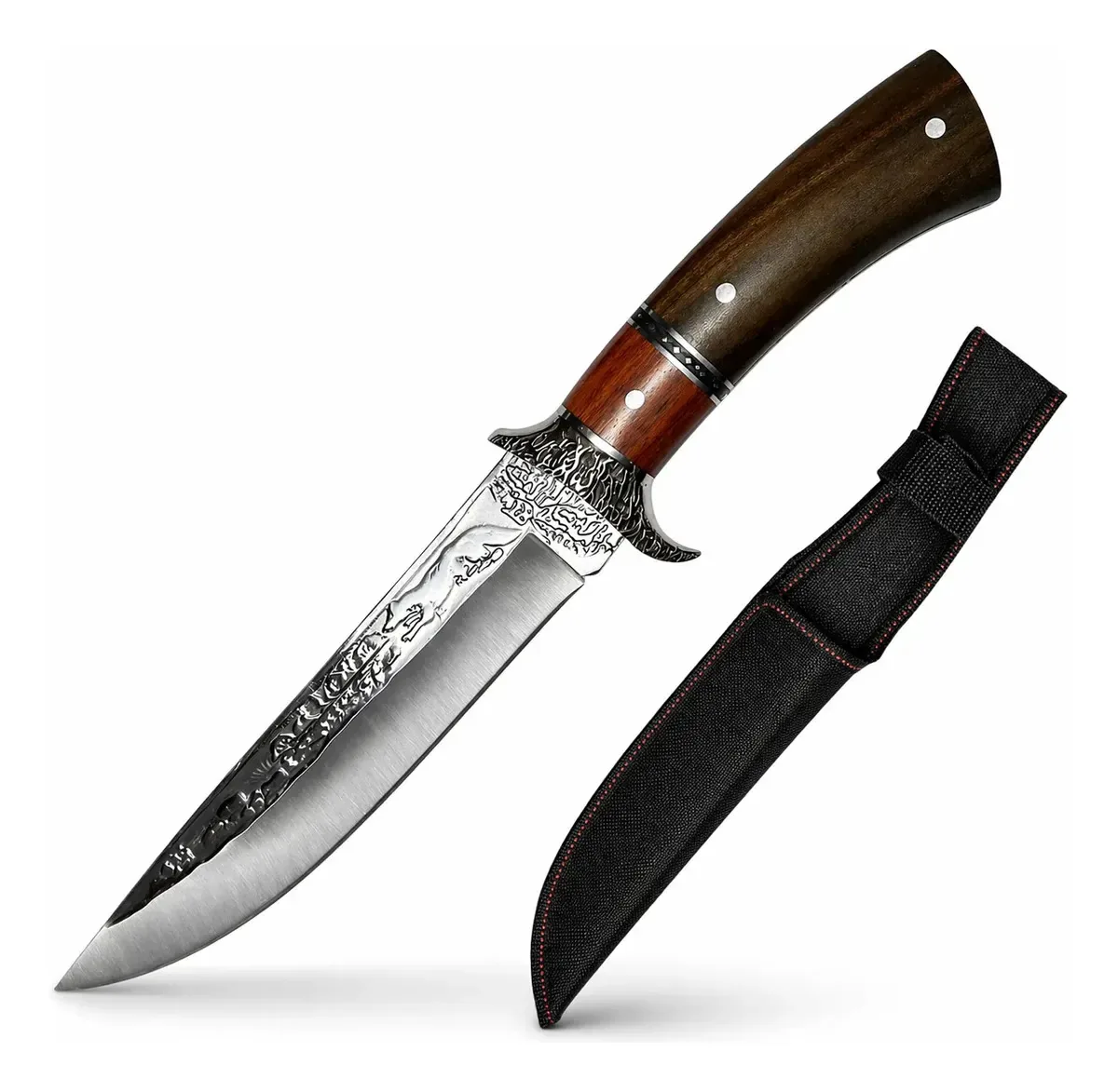 Faca de caça gravada Camping Survival Blade e estojo prateado
