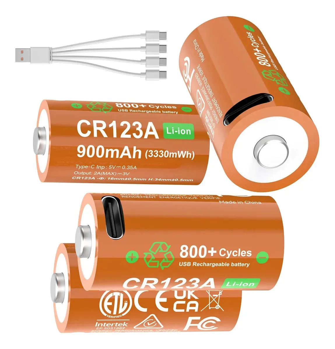 4 baterias recarregáveis CR123a Li-ion 3V 900mAh 3330mWh com USB para Olympus U1, U2; câmeras portáteis Nikon antigas; câmeras automáticas de bobina da Fuji, Canon e Pentax, lanterna