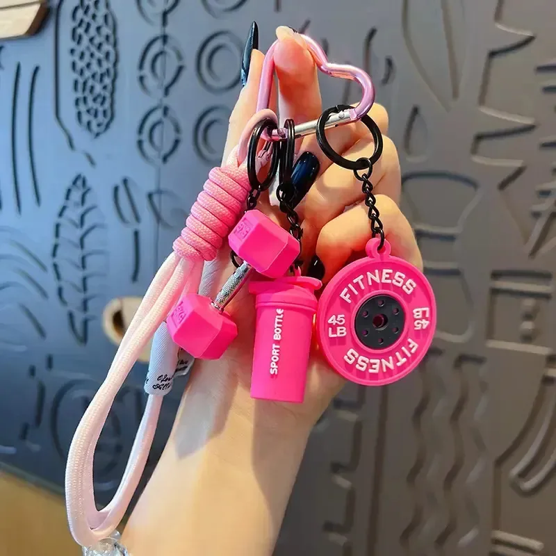 Conjunto de chaveiros de fitness de três peças: mini copo misturador de halteres, chaveiro de fitness rosa (com cordão), presente criativo, acessório para chaves, rosa, zeruvino