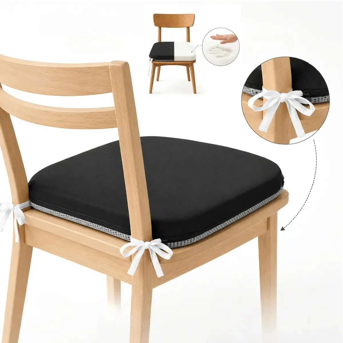 Almofadas de assento decorativas Ururi, cadeira de jantar, cozinha, escritório doméstico, escritório, almofadas de assento com gravatas, confortáveis, têxteis macios, quadrados, premium, pretos