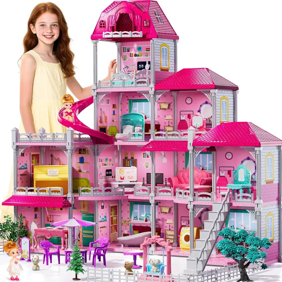 Casa de bonecas de 4 andares com móveis e acessórios rosa