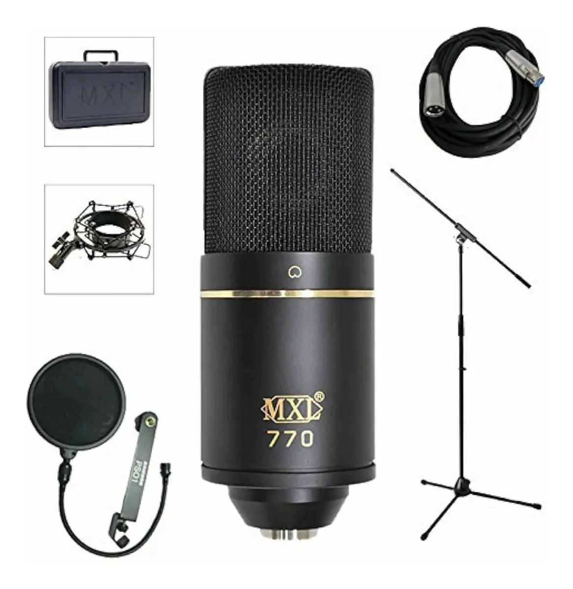 Microfone condensador profissional com suporte e filtro pop