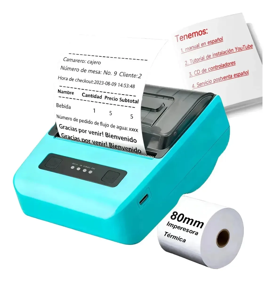 Impressora térmica portátil 80mm Bluetooth+USB para ingressos e receitas