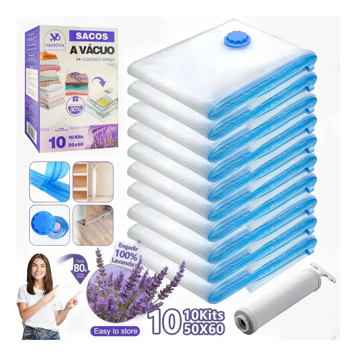 Kit 10 Saco A Vácuo 50x60cm Roupas E Viagem Vac Bag Organizador Mala Embalagem Hermética Compressão Com Bomba Manual Sucção Aroma Lavanda Anti Mofo Economiza Espaço Guarda Roupa