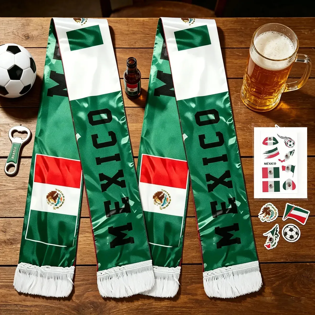 2 cachecóis de futebol do México 2026 e adesivo facial de estádio de torcedores para fãs e comemorações de jogos, copas do mundo e feriados nacionais