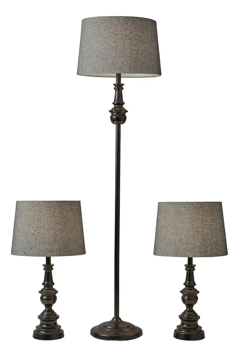 Conjunto de luminárias de mesa e chão com design elegante, bronze escuro, cinza