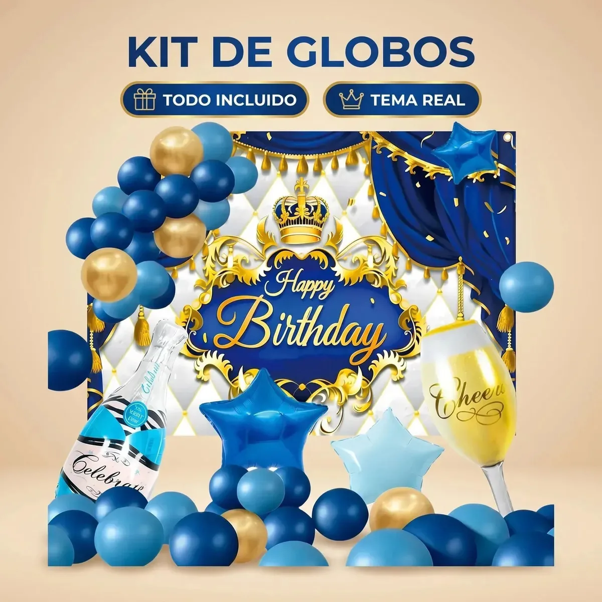 Conjunto de balões de aniversário azul e dourado com fundo de 100 x 150 cm, balões estelares, garrafa e copo, kit completo para festa real, decoração elegante e real para crianças e adultos