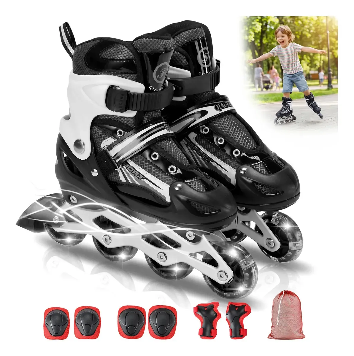 Patins infantis em linha ajustáveis com kit de proteção de luzes LED de 4 rodas - preto