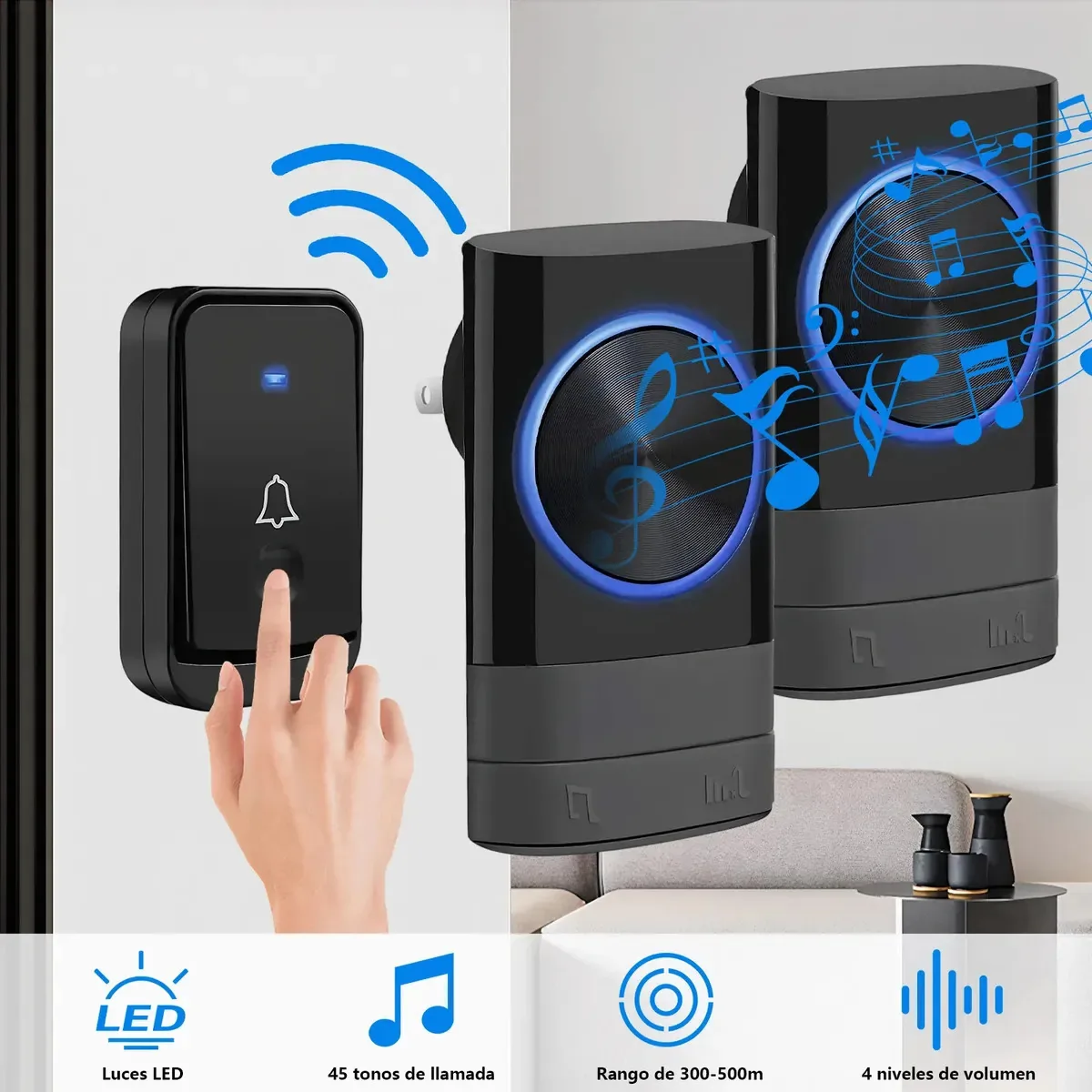 Campainhas sem fio à prova d'água com luz LED, 1 transmissor e 2 receptores, 4 níveis de volume e 45 melodias, para residências, escritórios e hotéis