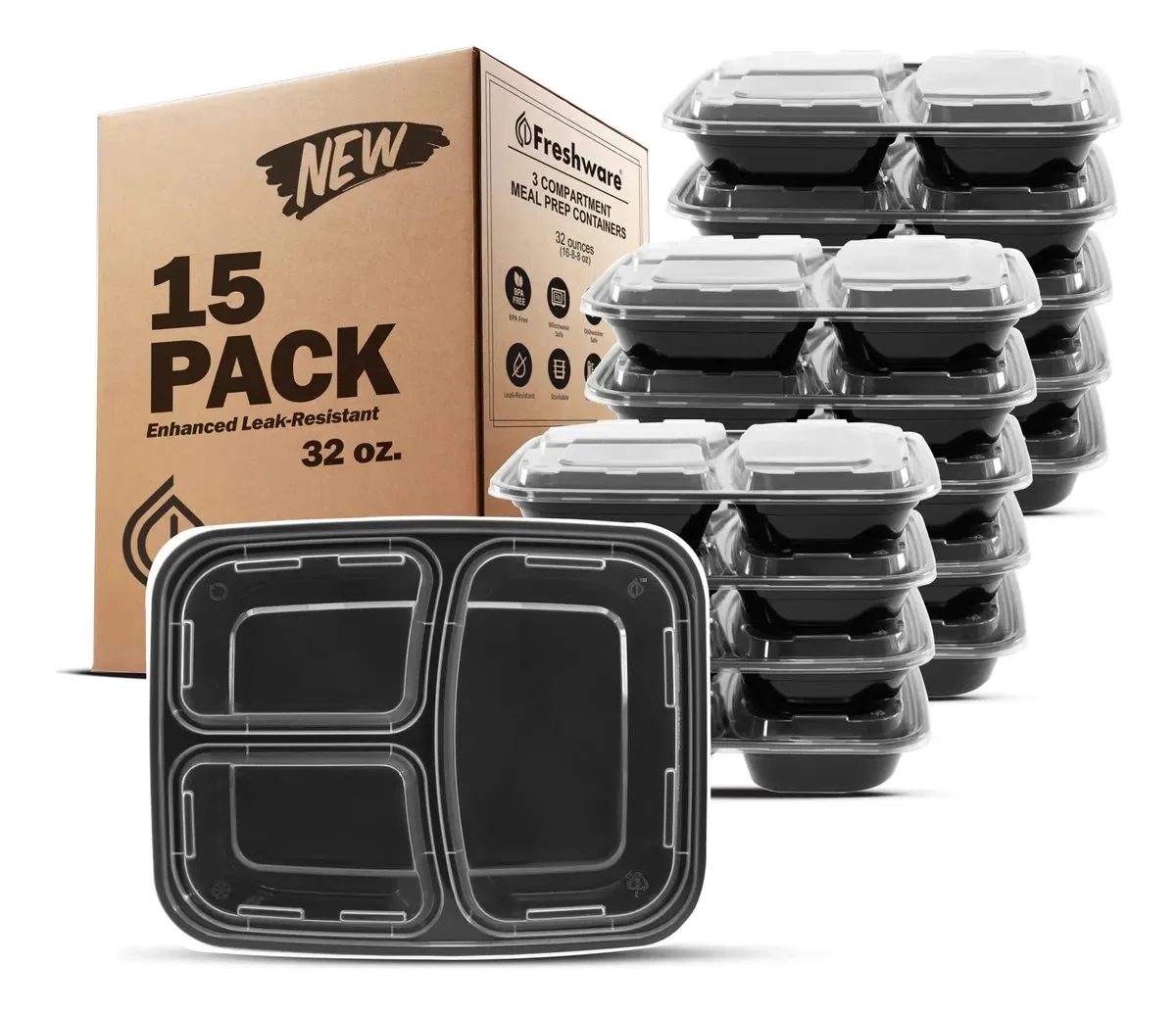 Recipientes para preparação de refeições Freshware Bento Box, 3 compartimentos, 32