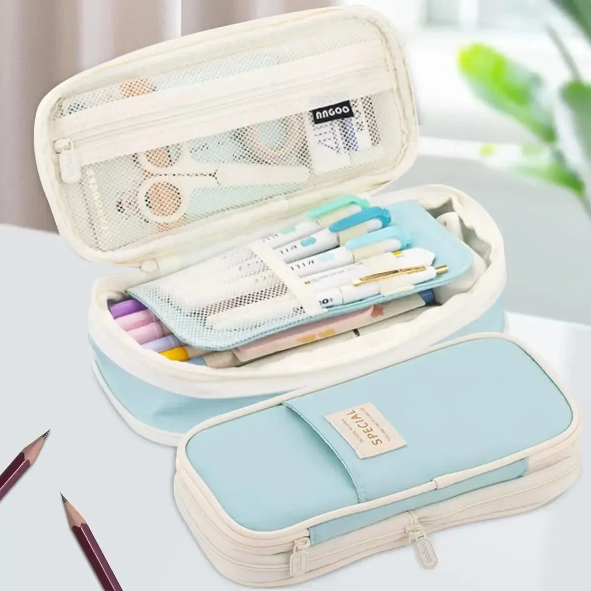 Estojo para lápis, bolsa organizadora de grande capacidade para papelaria, estojo organizador de papelaria expansível para escritório escolar, trabalho, azul claro