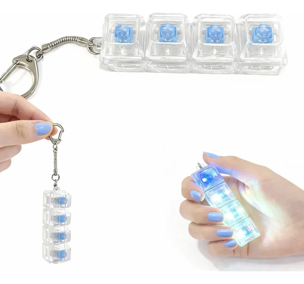 Teclas mecânicas anti-stress Fidget, som e luz, multicoloridas, transparentes