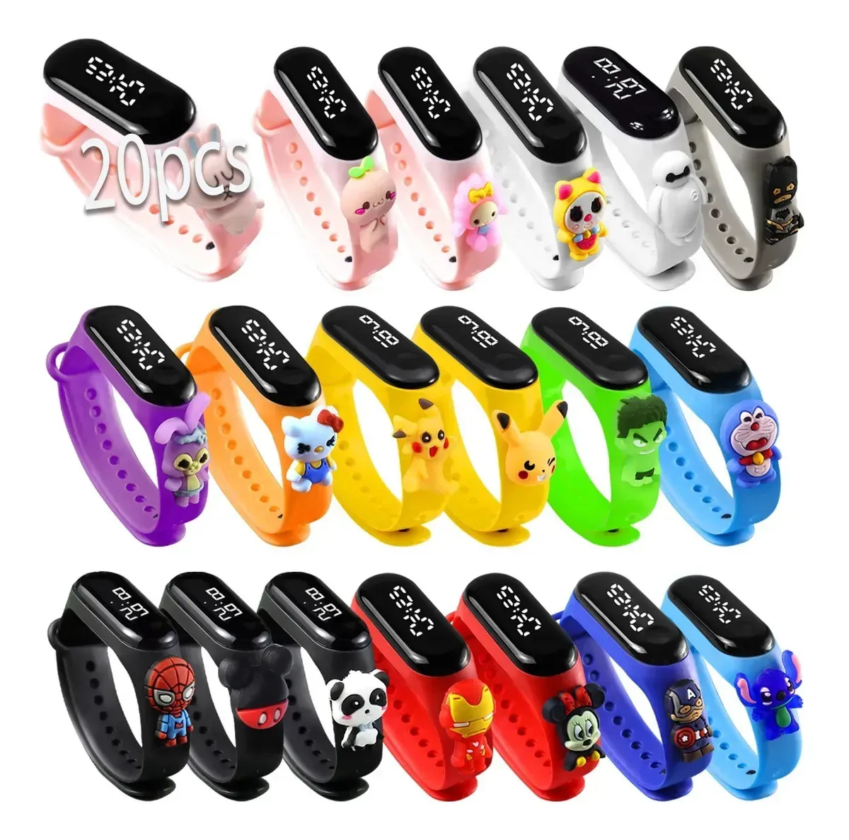 Pacote de 20 relógios digitais LED para crianças com desenhos animados — Venda por atacado — Pulseiras — Relógios para meninas e meninos