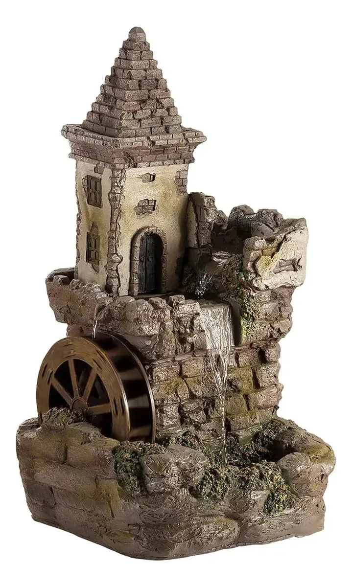 Fonte de água ao ar livre em estilo castelo de pedra marrom