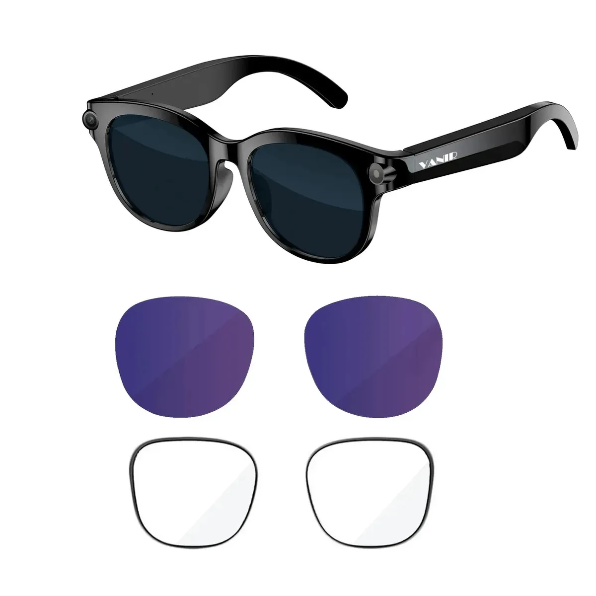 Óculos inteligentes Vanir 3 em 1 com câmera HD de 8 MP, gravação de vídeo, áudio Bluetooth, filtro de luz azul e 3 lentes intercambiáveis