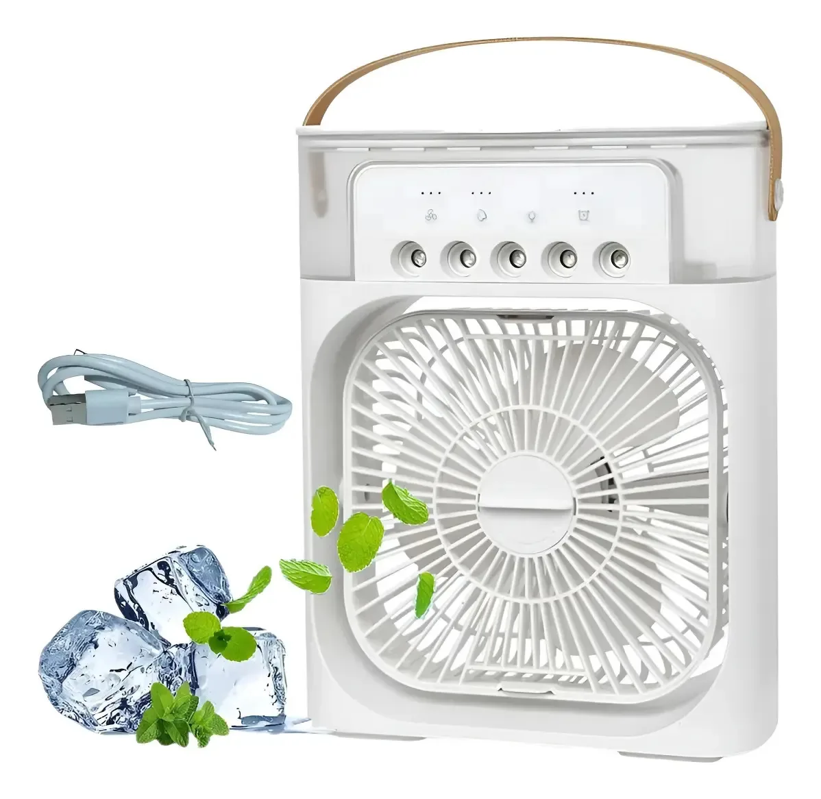 Ventilador USB evaporativo de água com estrutura de luz e temporizador, lâminas brancas, brancas