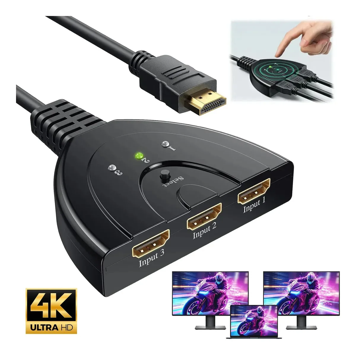 Adaptador de cabo divisor de switch HDMI 3x1, 3 entradas e 1 saída, alta definição 4k, comutação de interface multimídia, compatível com vários formatos de DVD de alta definição, decodificadores