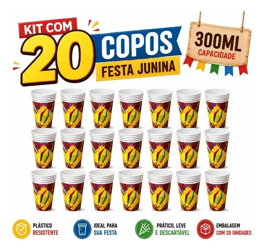 Kit 20 Copos Descartáveis Festa Junina Quentão São João Balão