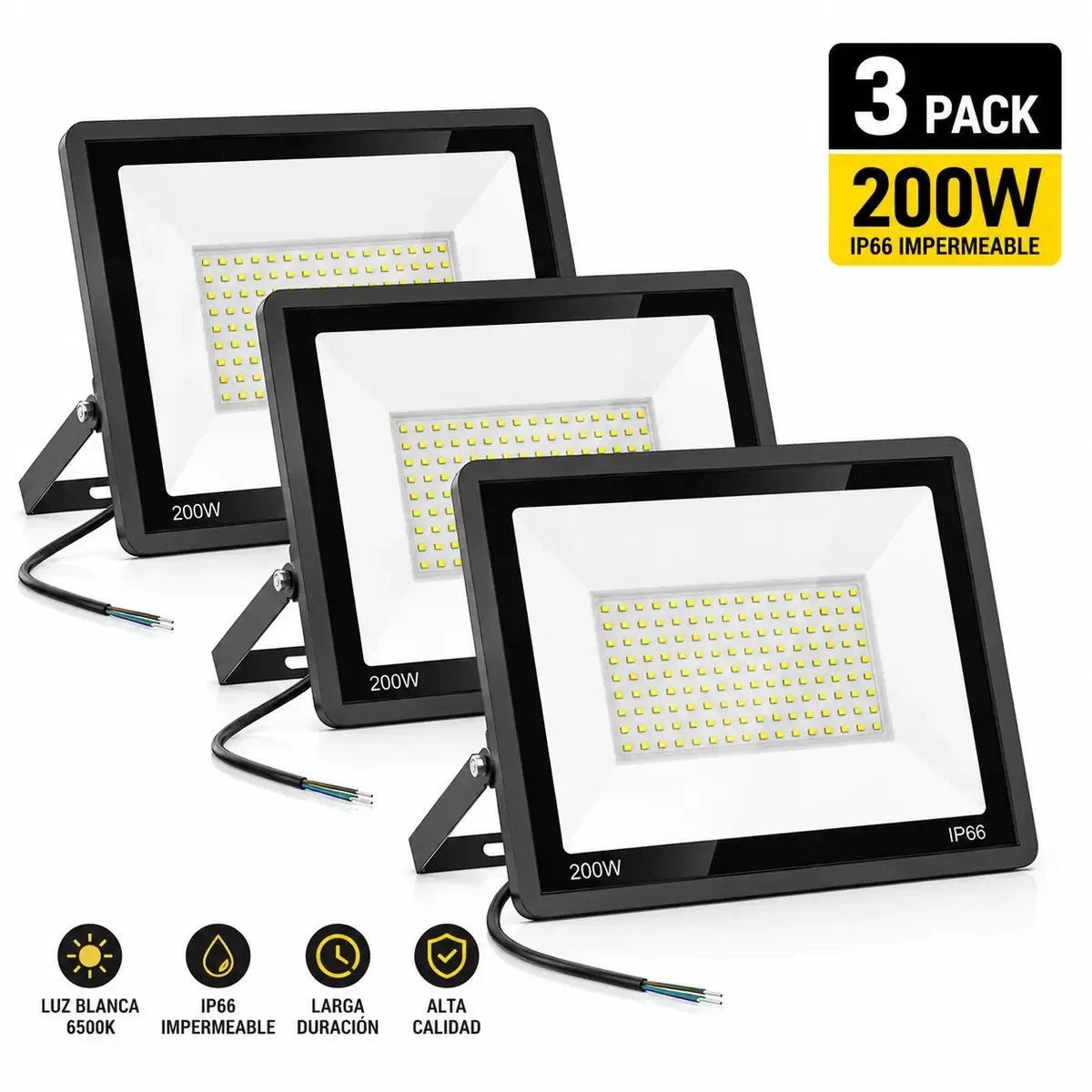 Refletor LED ultrafino para exterior de 200 W, pacote de 3 peças, luz branca fria, Ip66, à prova d'água, economia de energia para pátio, jardim, garagem, fachada, pátio, adega, segurança externa,...