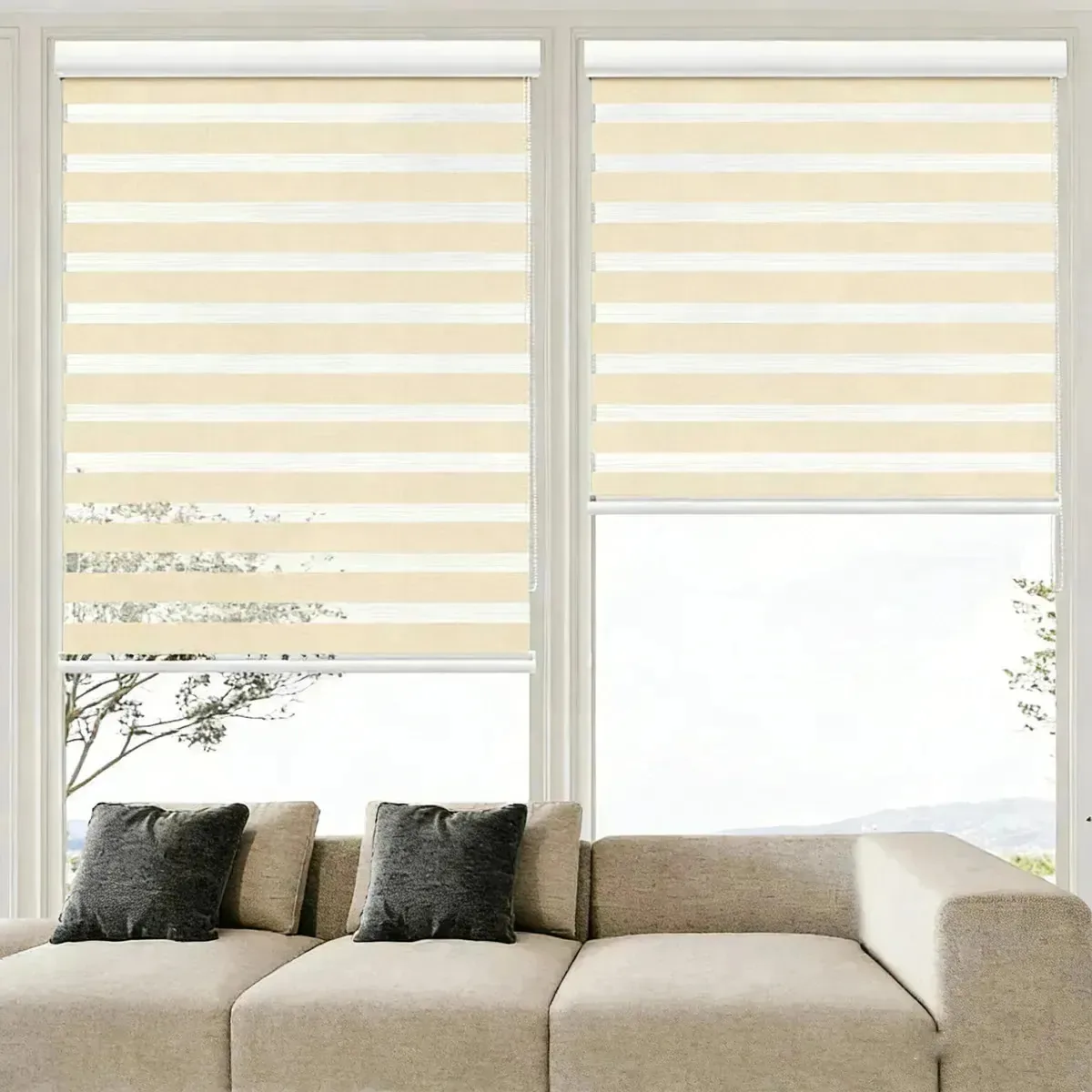 Cortina de enrolar de camada dupla com design Zebra 140 × 200 cm bege