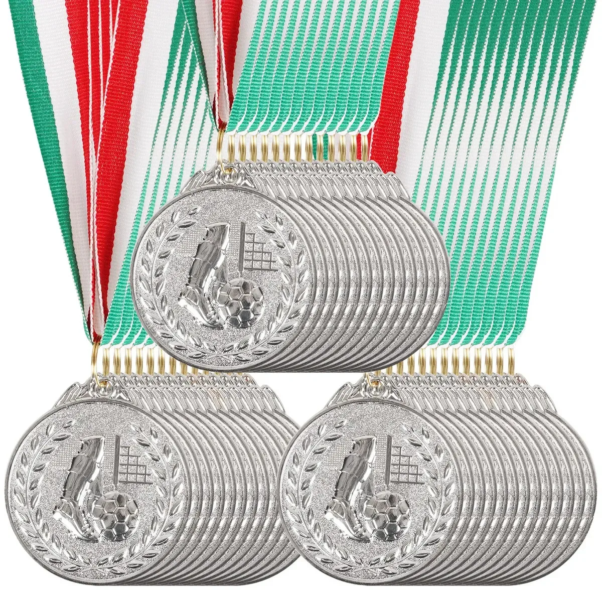48 peças de medalhas esportivas metálicas prateadas com cordão