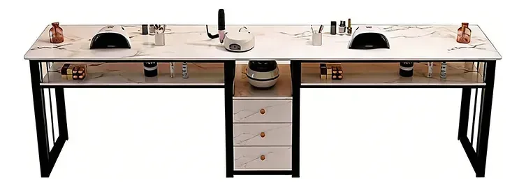 Mesa de manicure dupla de 160 cm | Prateleiras laterais e centrais em cor de mármore+moldura preta