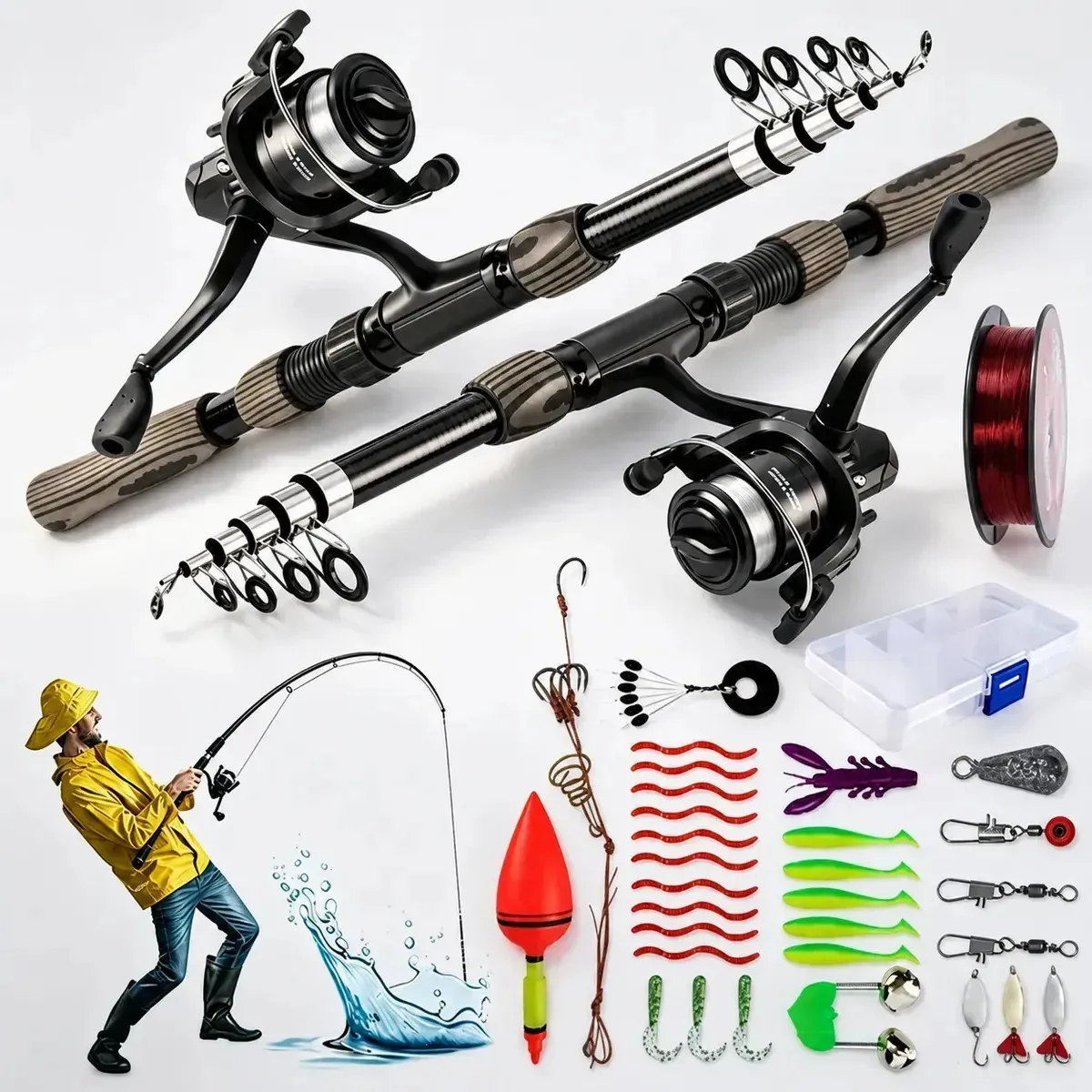Vareta telescópica ultraleve DBDBking HS010 de 2,1 m com bobina, kit de pesca completo com acessórios, linha, ganchos, iscas e caixa de pesca para pesca fluvial, lacustre e marítima
