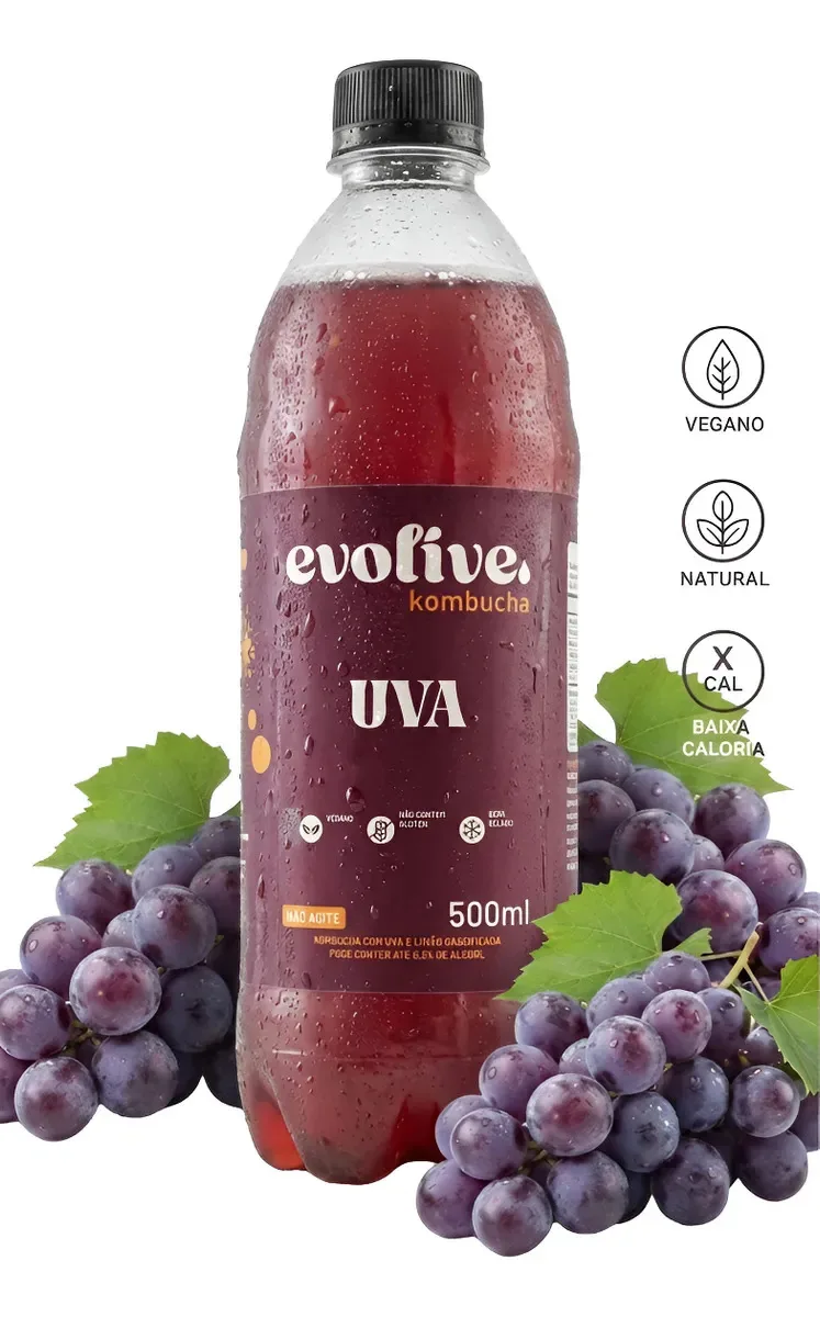 Evolive Kombucha Uva 500ml Bebida Fermentada Natural