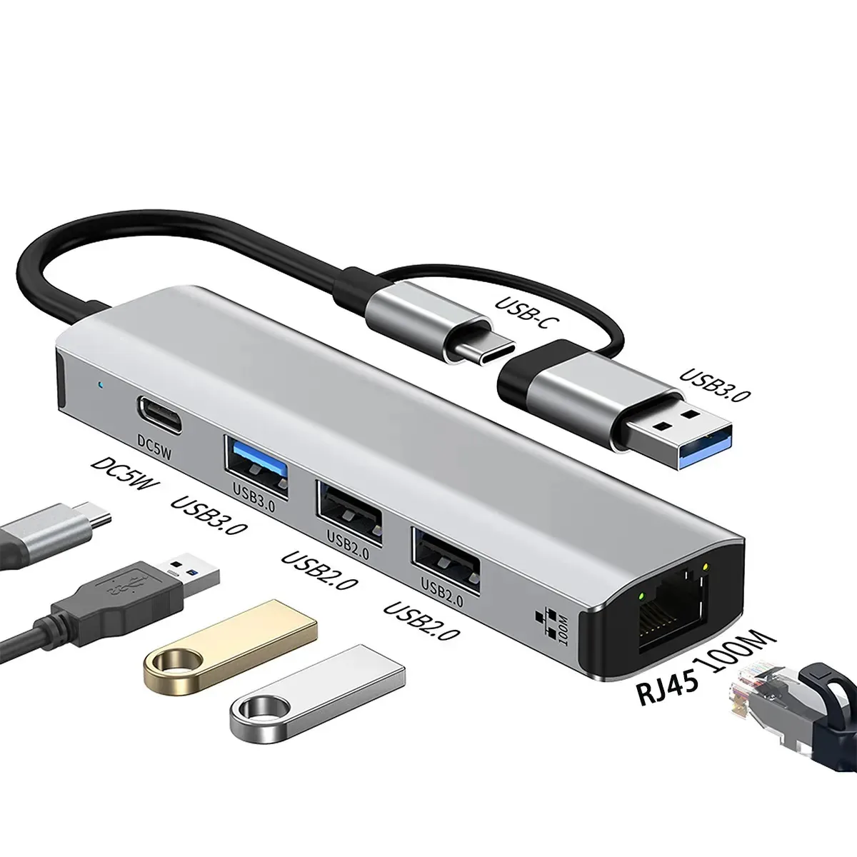 Hub Usb C Ethernet Hub Usb 3.0 Hub Tipo C Hub Usb A 5 Em 2 Alumínio