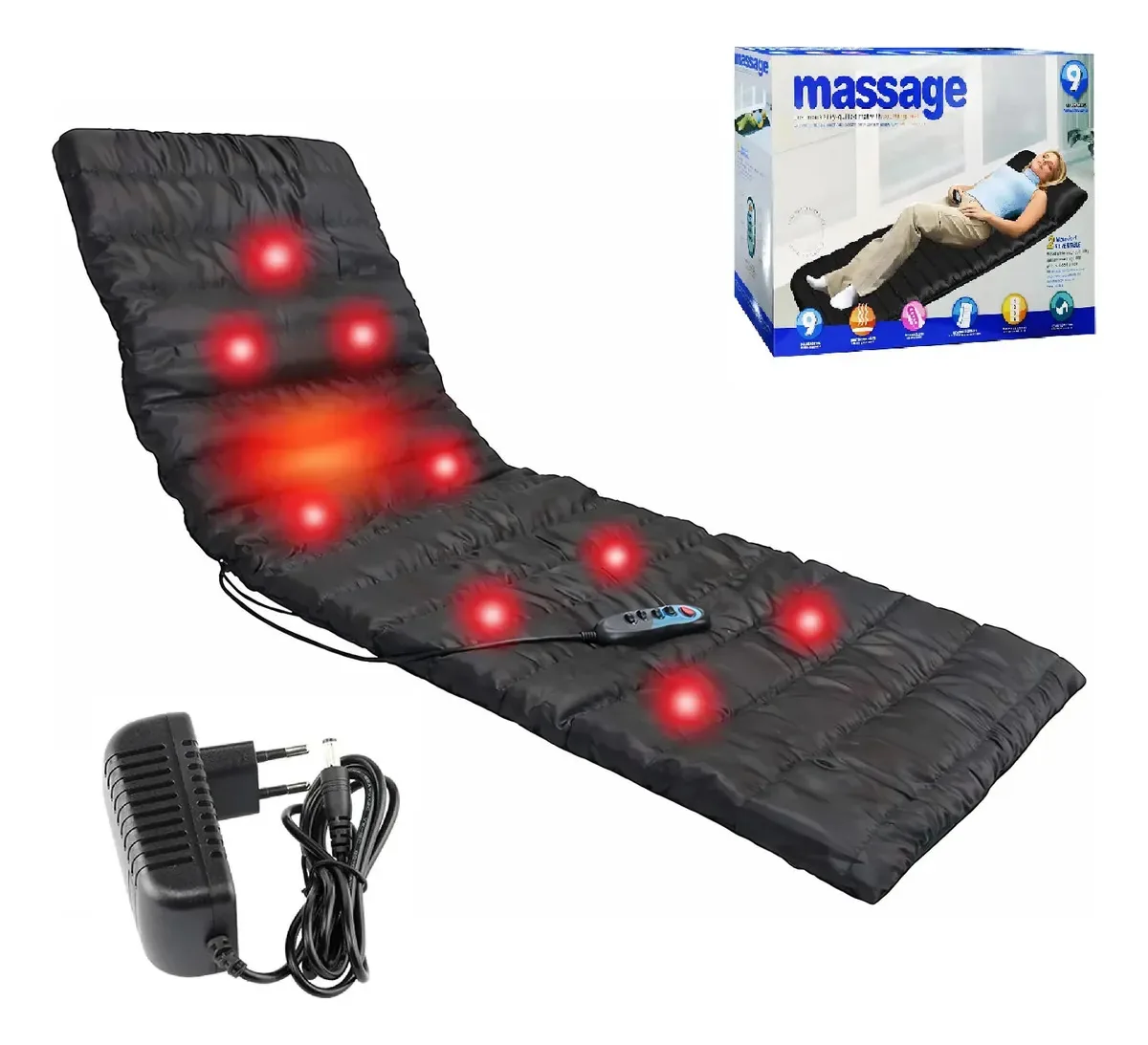 Tapete de massagem com 9 motores e calor corporal completo para cama, poltrona, cadeira, etc., 160 cm x 55 cm x 4 cm, cor preta