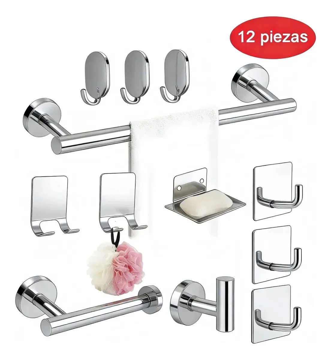 Conjunto de 12 acessórios de banheiro, toalheiro e ganchos, conjunto de acessórios de banheiro, kit de acessórios de banheiro, acessórios de banheiro prateados Sjrohe