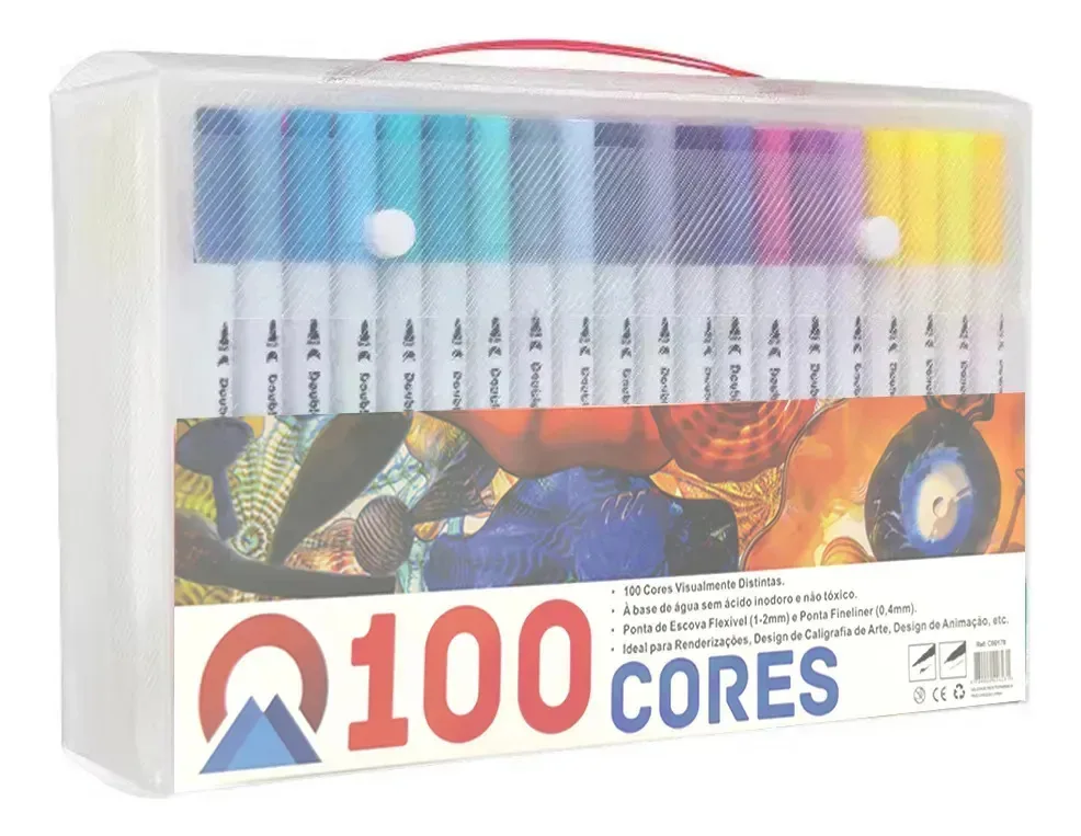 2 Kits Caneta Brush Pen Duas Pontas Pincel Fina 100 Cores 100 Cores