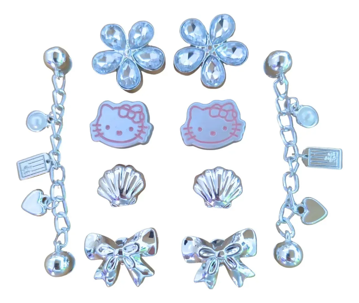 Kit 10 Pins Bottons Premium Criativos Corrente Brilhantes Prateado Hello Kitty Cinza