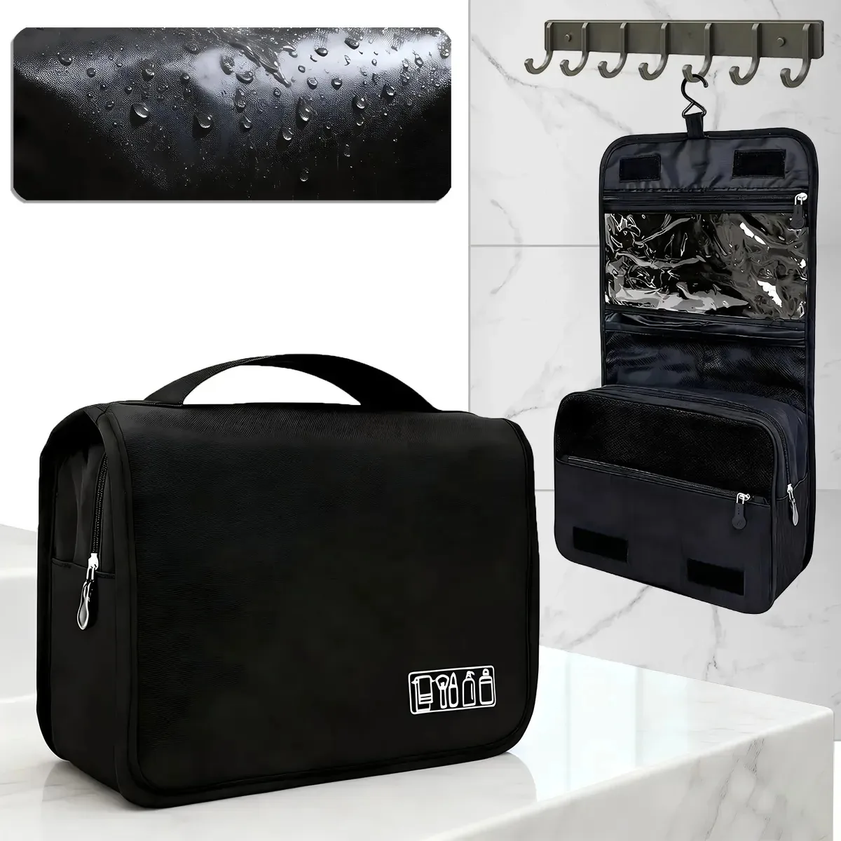 Bolsa de armazenamento de higiene pessoal suspensa de viagem de grande capacidade, moderna minimalista, preta, organizadores de bolsas de higiene suspensas Tiiyee, separáveis, secas e úmidas